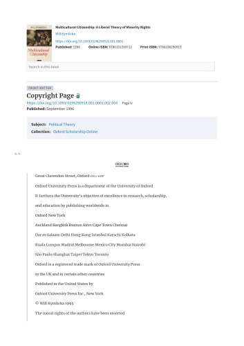 Multicultural Citizenship: A Liberal Theory of Minority Rights