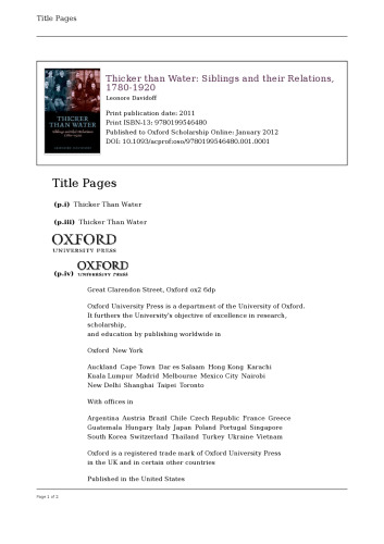Thicker Than Water: Siblings and Their Relations, 1780-1920
