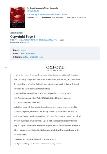 The Oxford Handbook of Music Censorship