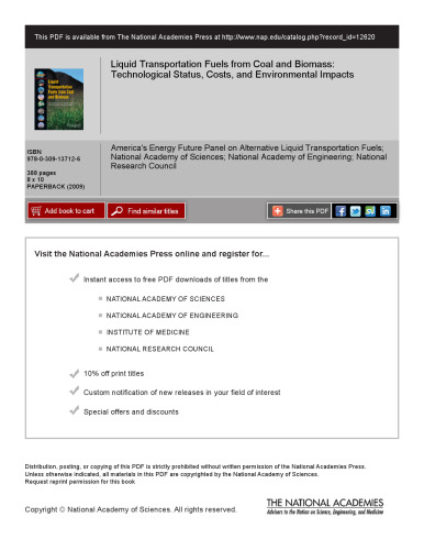 Liquid transportation fuels from coal and biomass : technological status, costs, and environmentals impacts