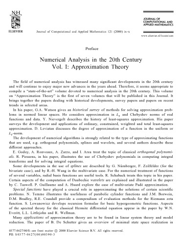 Numerical Analysis 2000 : Approximation Theory (Journal of Computational and Applied Mathematics, Volume 121, Numbers 1-2, 1 September 2000)