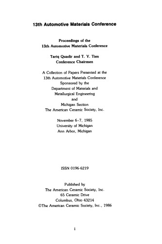 Proceedings of the 13th Automotive Materials Conference: Ceramic Engineering and Science Proceedings, Volume 7, Issue 9/10