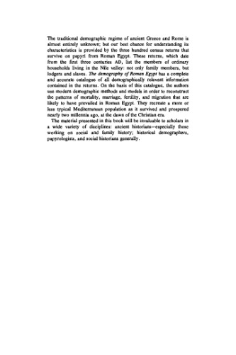 The Demography of Roman Egypt