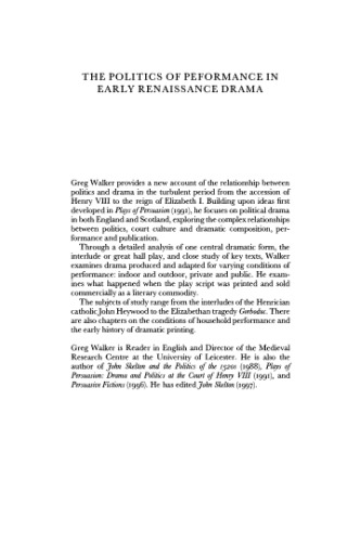 The Politics of Performance in Early Renaissance Drama