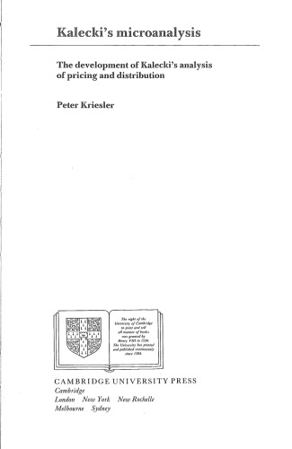 Kalecki's Microanalysis: The Development of Kalecki's Analysis of Pricing and Distribution