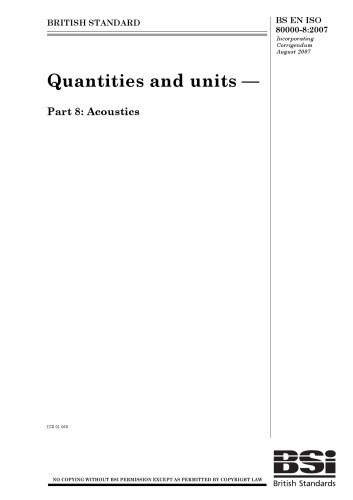 BS EN ISO 80000-8:2007 Quantities and units — Part 8: Acoustics