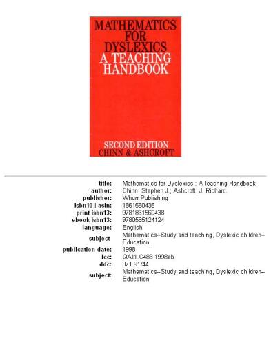 Mathematics for Dyslexics: A Teaching Handbook