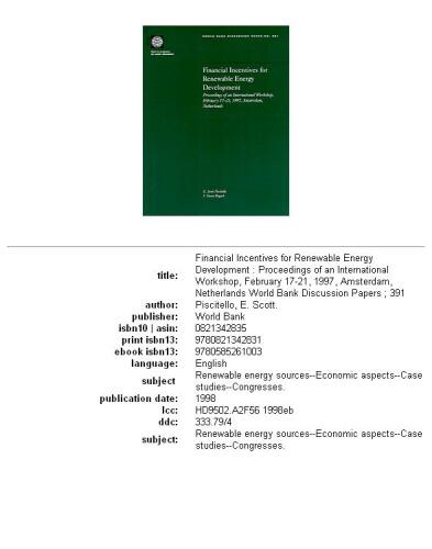 Financial Incentives for Renewable Energy Development: Proceedings of an International Workshop, February 17-21, 1997, Amsterdam, Netherlands (World Bank Discussion Paper)