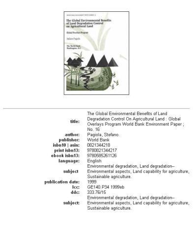 The Global Environmental Benefits of Land Degradation Control on Agricultural Land: Global Overlays Program (World Bank Environmental Paper :, No. 16)