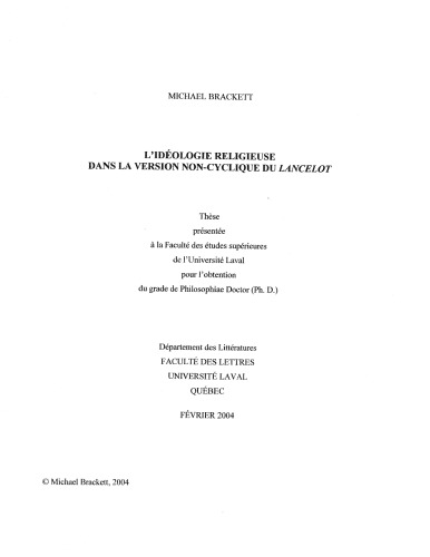 L’idéologie religieuse dans la version non-cyclique du Lancelot