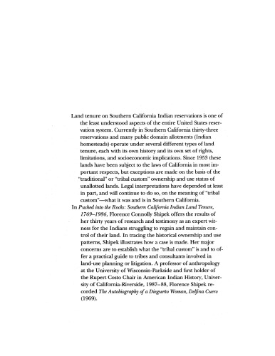 Pushed into the rocks: southern California Indian land tenure, 1769-1986