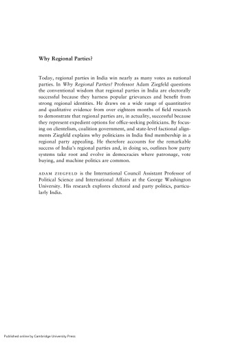 Why Regional Parties?: Clientelism, Elites, and the Indian Party System
