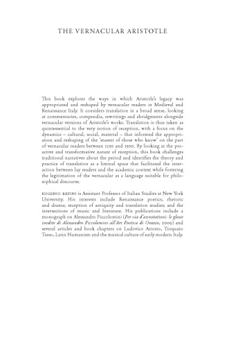 The Vernacular Aristotle: Translation as Reception in Medieval and Renaissance Italy