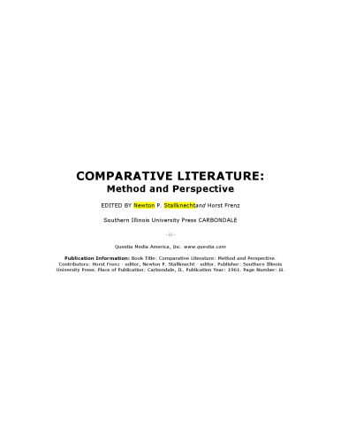 Comparative Literature: Method And Perspective