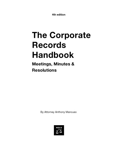 Corporate Records Handbook, The: Meetings, Minutes & Resolutions