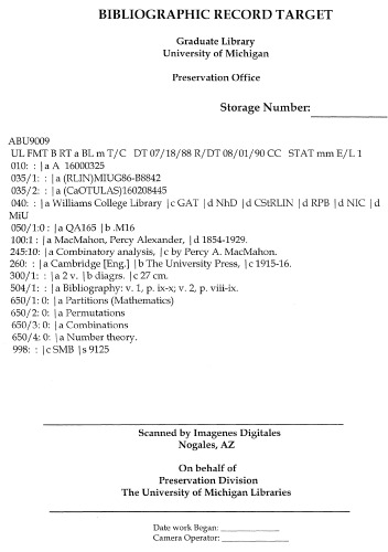 Combinatory Analysis -Volume 1