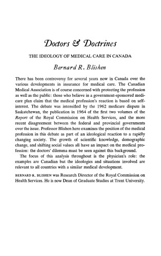 Doctors and Doctrines: The Ideology of Medical Care in Canada