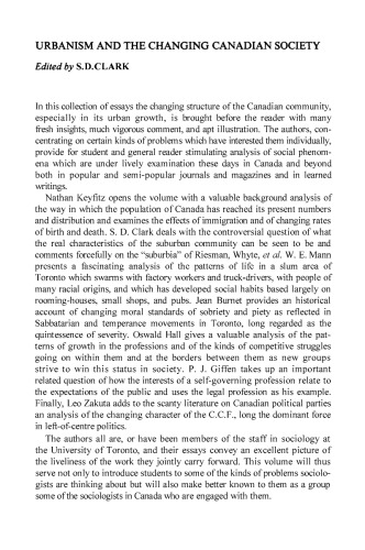 Urbanism and the Changing Canadian Society