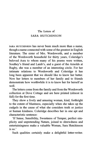 The Letters of Sara Hutchinson