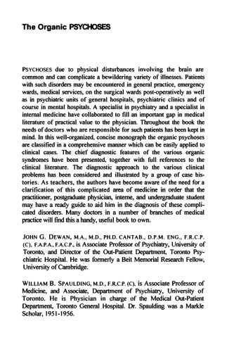 The Organic Psychoses: A Guide to Diagnosis
