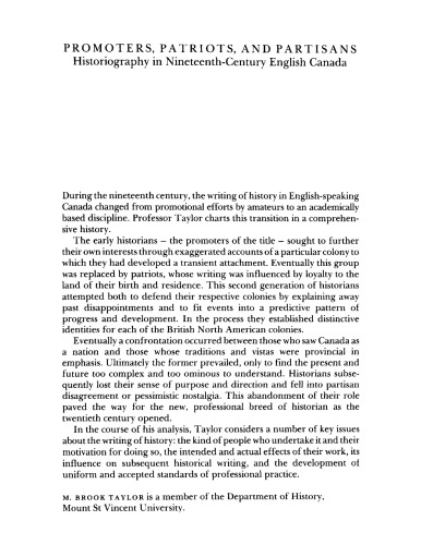 Promoters, patriots, and partisans: historiography in nineteenth-century English Canada