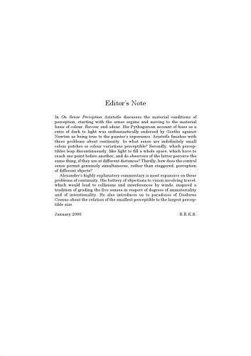Alexander of Aphrodisias: On Aristotle On Sense Perception