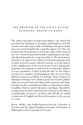 The Problem of the Unity of the Sciences: Bacon to Kant
