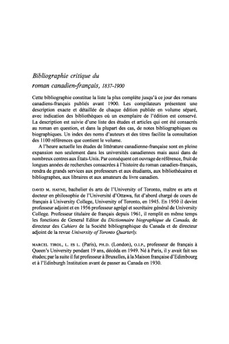 Bibliographie critique du roman canadien-francaise, 1837-1900