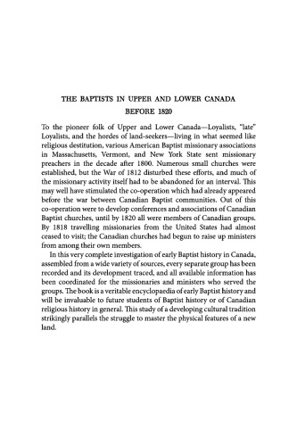 The Baptists in Upper and Lower Canada before 1820