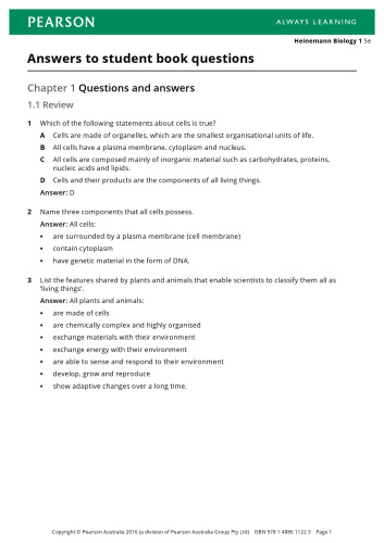 Heinemann Biology 1: VCE Units 1 & 2 - Solutions manual