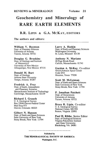 Geochemistry and Mineralogy of Rare Earth Elements