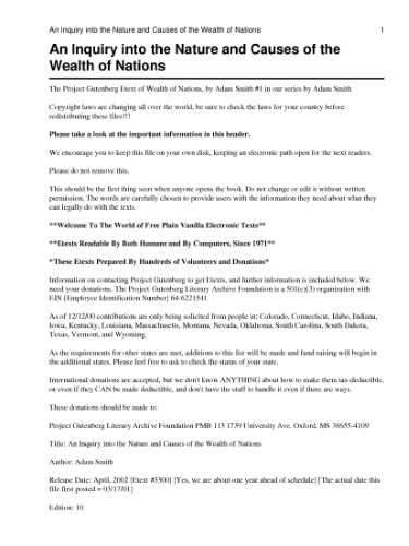 An Inquiry into the Nature and Causes of the Wealth of Nations ()