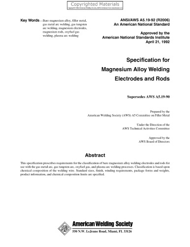 Specification for Bare Aluminum and Aluminum-Alloy Welding Electrodes and Rods