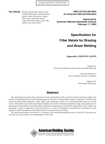 Specification for Filler Metals for Brazing and Braze Welding