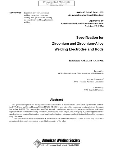 Specification for Zirconium and Zirconium-Alloy Welding Electrodes and Rods