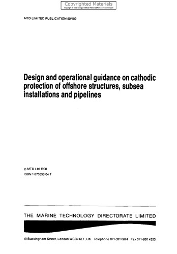 Design and Operational Guidance on Cathodic Protection of Offshore Structures, Subsea Installations and Pipelines
