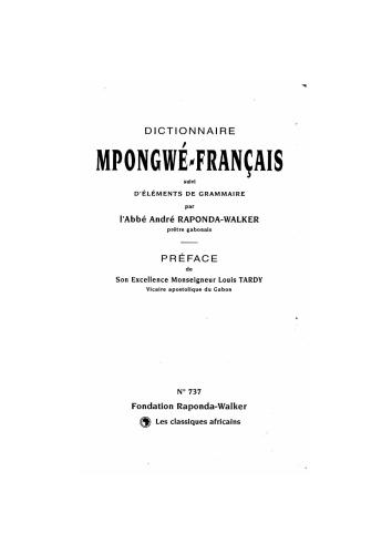 Dictionnaire Mpongwé-Français suivi d'Éléments de Grammaire