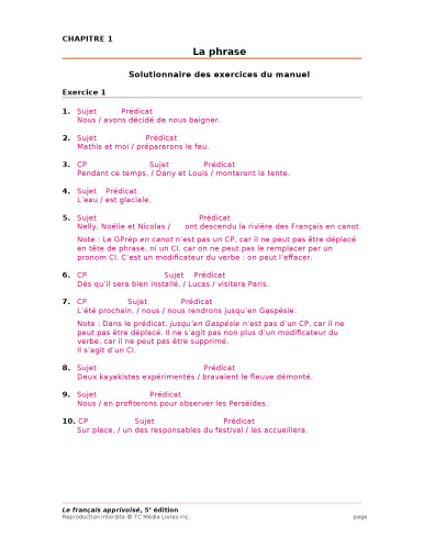 LE FRANCAIS APPRIVOISE SOLUTIONNAIRE