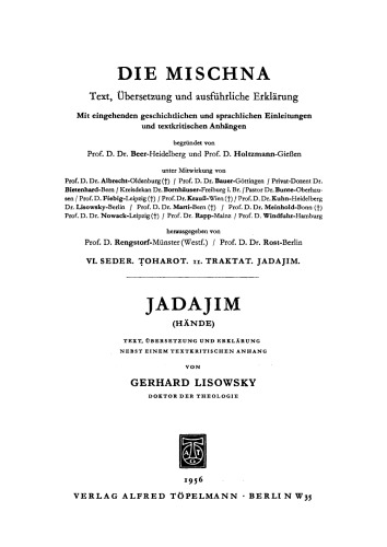 Die Mischna: Traktat 11 Jadajim (Hände)