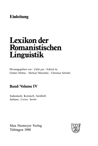 Lexikon der Romanistischen Linguistik (LRL): Band IV Italienisch, Korsisch, Sardisch