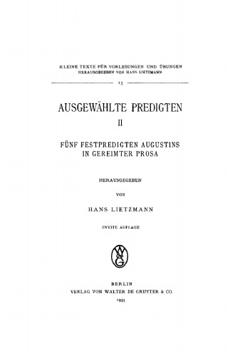 Ausgewählte Predigten: Band 2 Fünf Festpredigten Augustins in gereimter Prosa