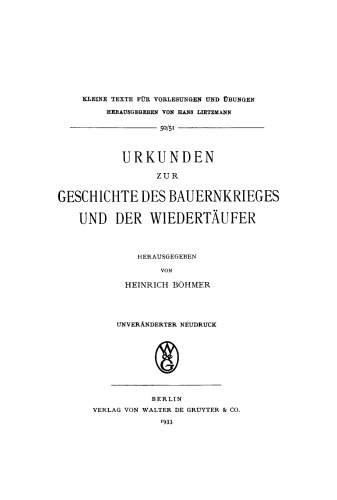 Urkunden zur Geschichte des Bauernkrieges und der Wiedertäufer