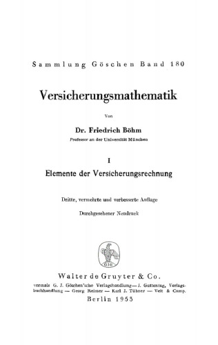 Versicherungsmathematik: Band 1 Elemente der Versicherungsrechnung