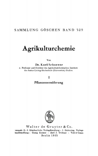 Agrikulturchemie: Band 1 Pflanzenernährung