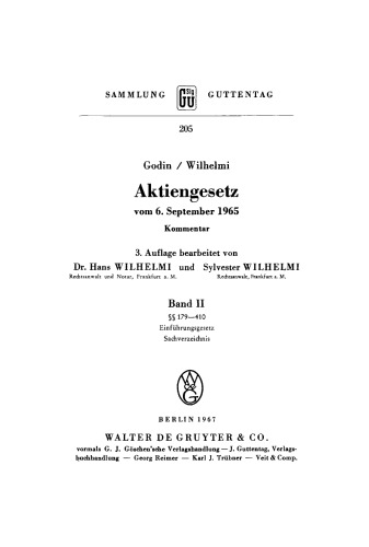 Aktiengesetz vom 6. September 1965: Band 2 §§ 179–410. Einführungsgesetz. Sachverzeichnis