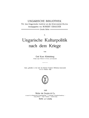 Ungarische Kulturpolitik nach dem Kriege