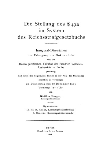 Die Stellung des § 49a im System des Reichsstrafgesetzbuchs: Inaugural Dissertation