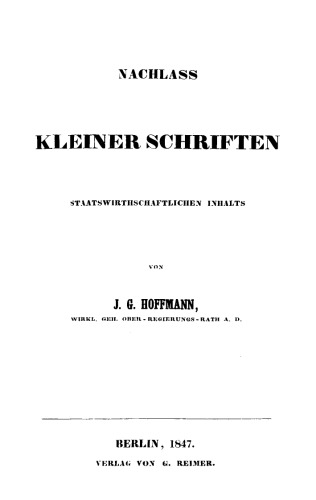 Nachlass Kleiner Schriften Staatswirthschaftlichen Inhalts