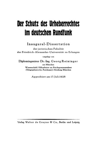 Der Schutz des Urheberrechtes im deutschen Rundfunk: Inaugural-Dissertation