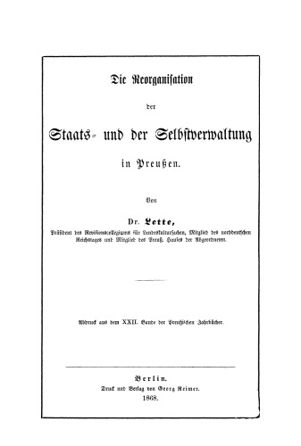 Die Reorganisation der Staats- und Selbstverwaltung in Preußen